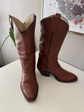 Vintage Cognac Brown Leather Western Knee-High Boots
